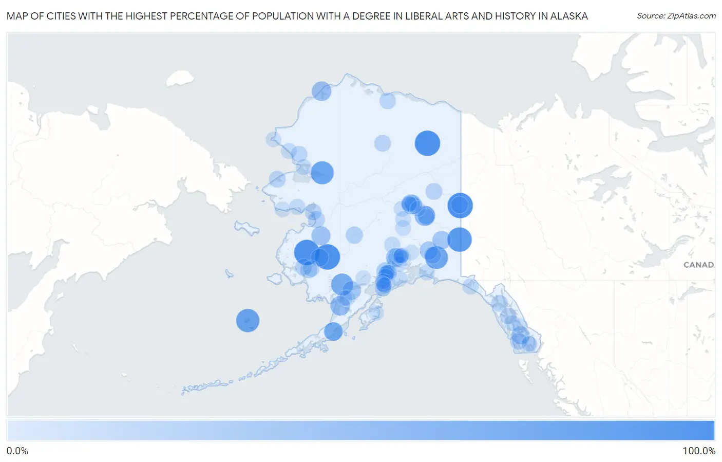 Cities with the Highest Percentage of Population with a Degree in Liberal Arts and History in Alaska Map
