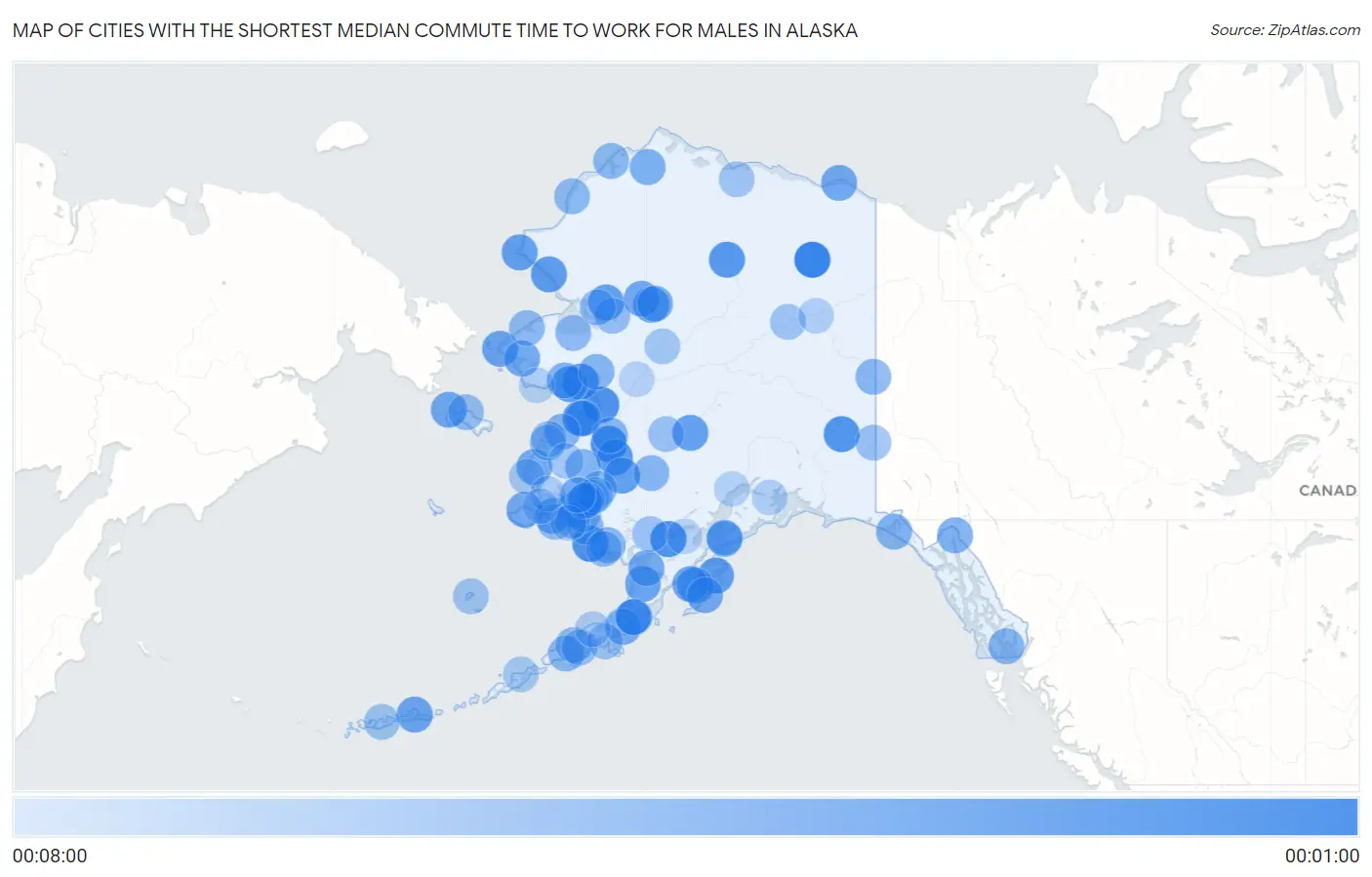 Cities with the Shortest Median Commute Time to Work for Males in Alaska Map