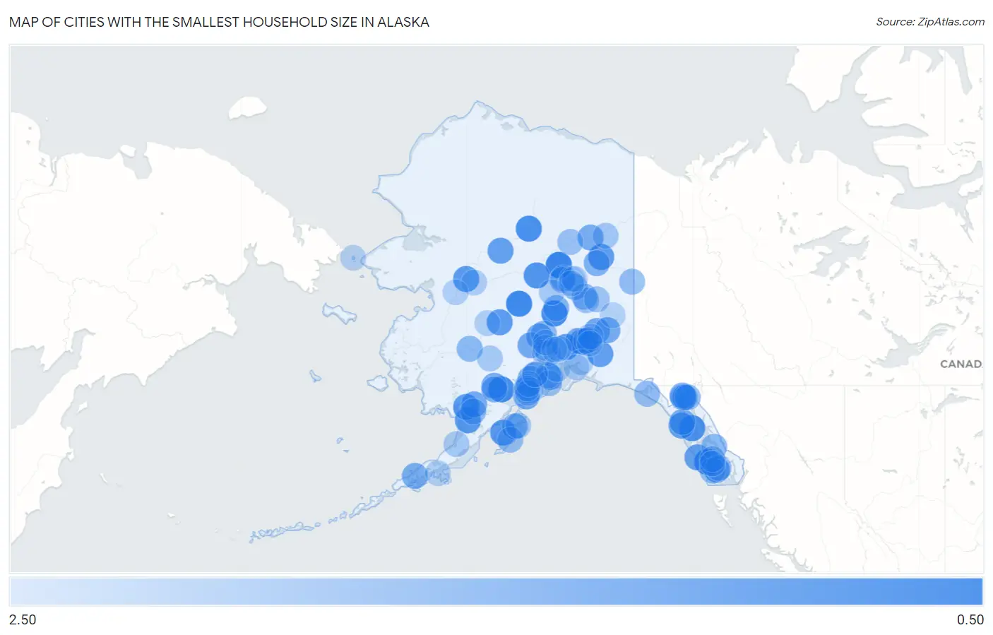 Cities with the Smallest Household Size in Alaska Map