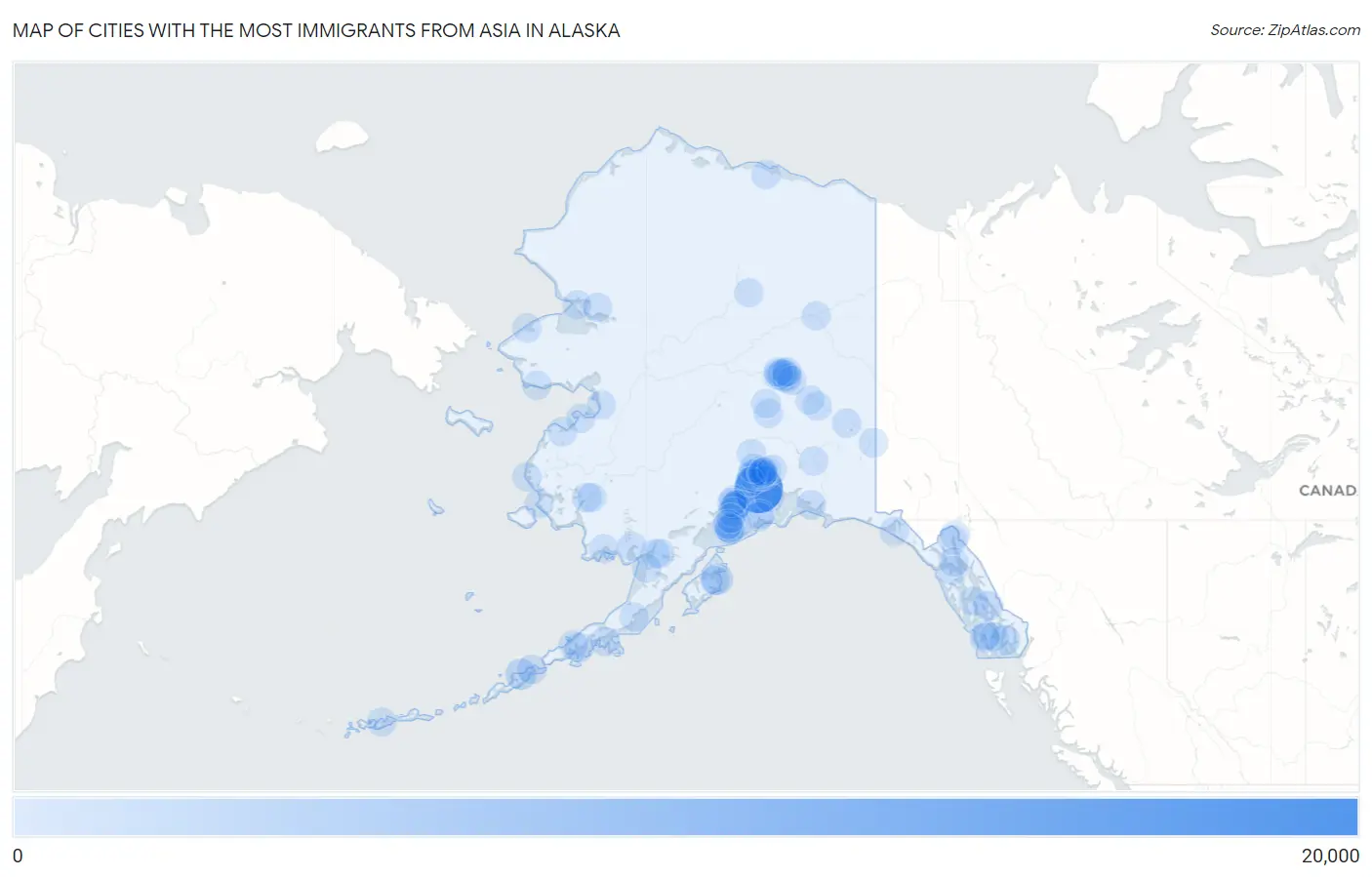 Cities with the Most Immigrants from Asia in Alaska Map