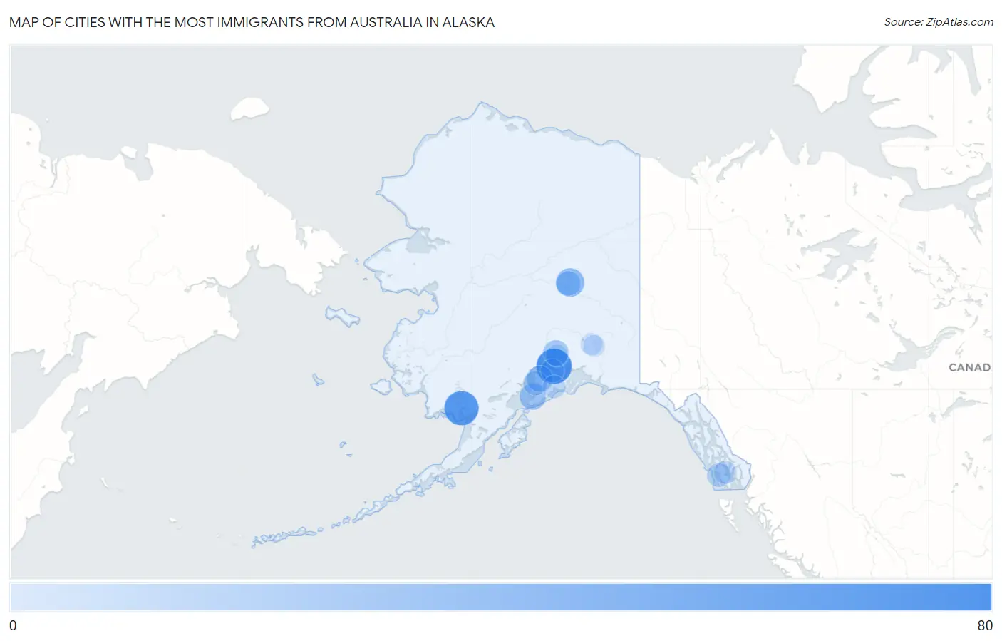 Cities with the Most Immigrants from Australia in Alaska Map