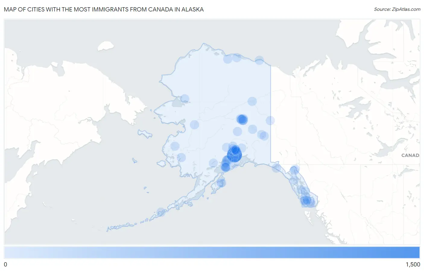 Cities with the Most Immigrants from Canada in Alaska Map