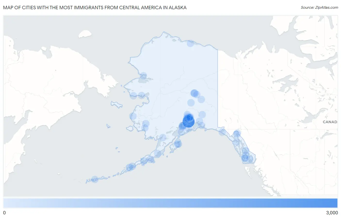 Cities with the Most Immigrants from Central America in Alaska Map