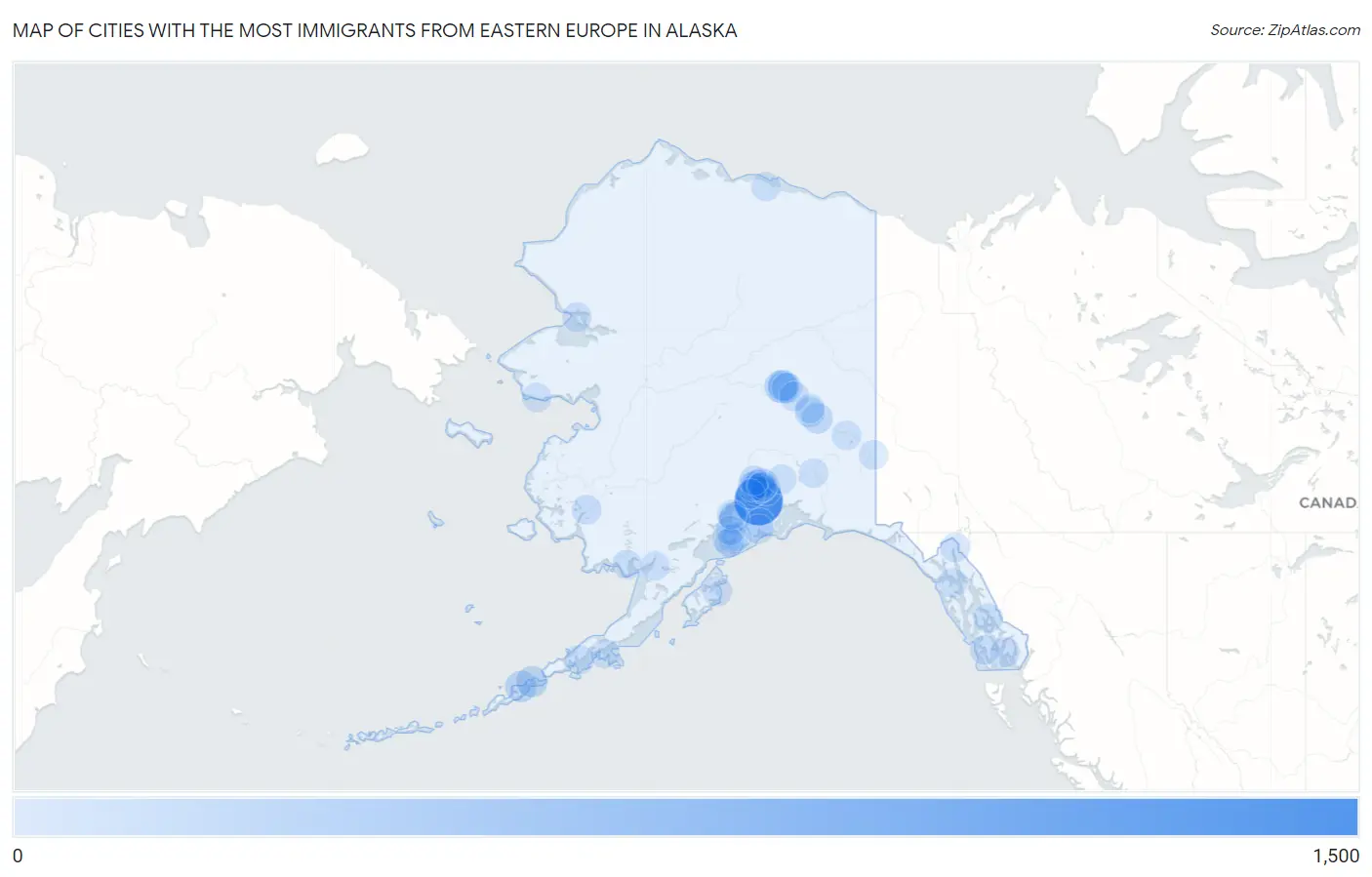 Cities with the Most Immigrants from Eastern Europe in Alaska Map