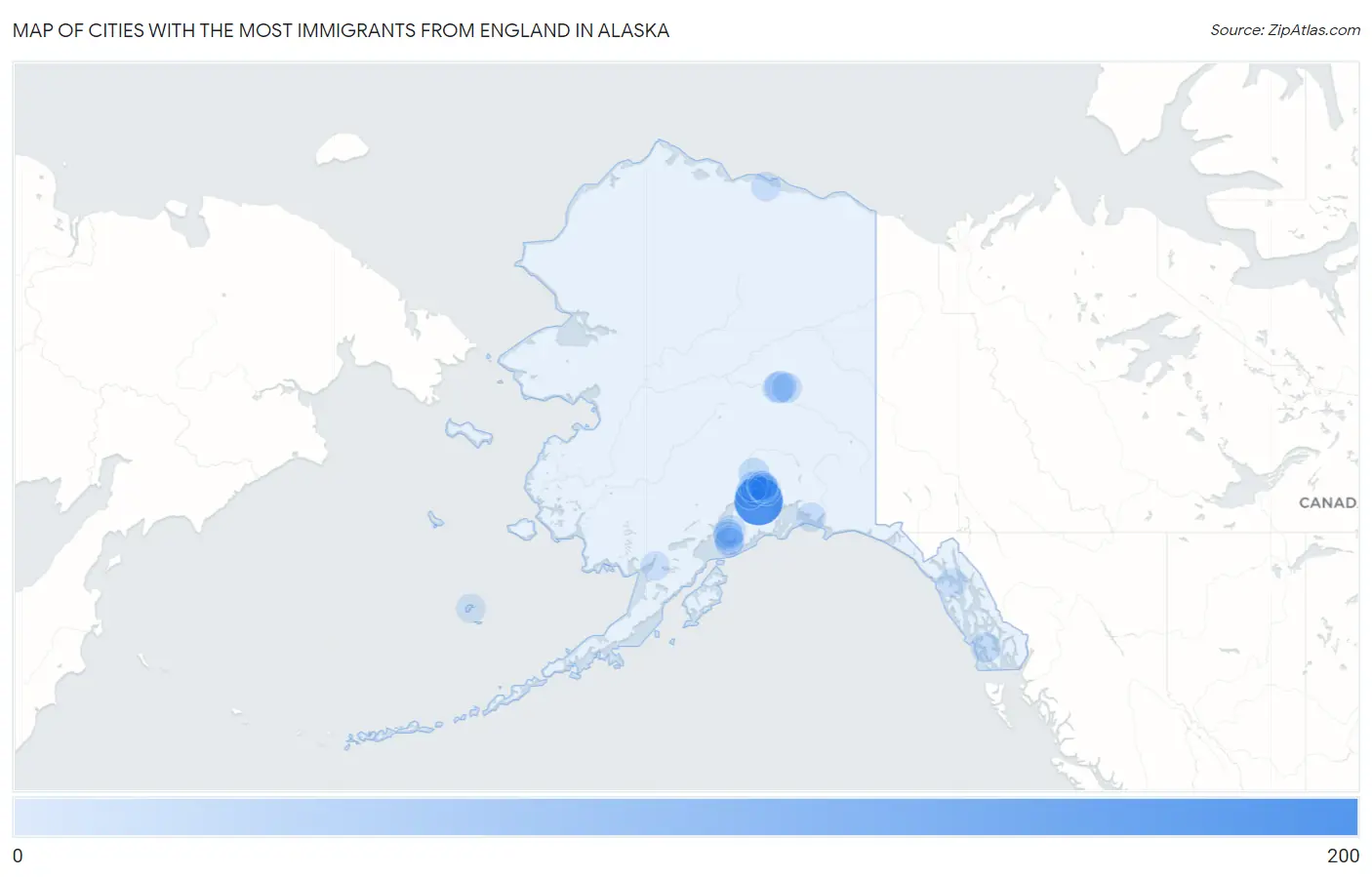 Cities with the Most Immigrants from England in Alaska Map