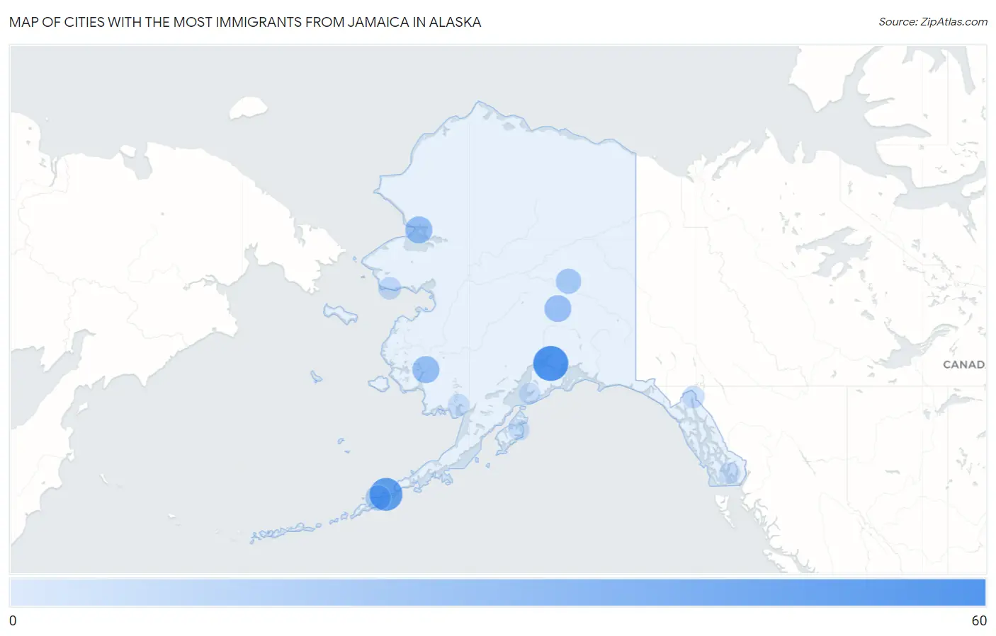 Cities with the Most Immigrants from Jamaica in Alaska Map