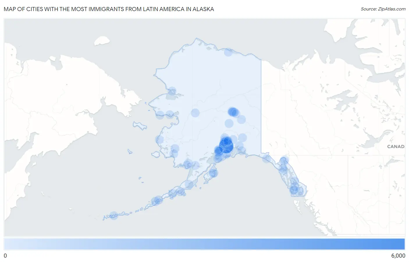 Cities with the Most Immigrants from Latin America in Alaska Map