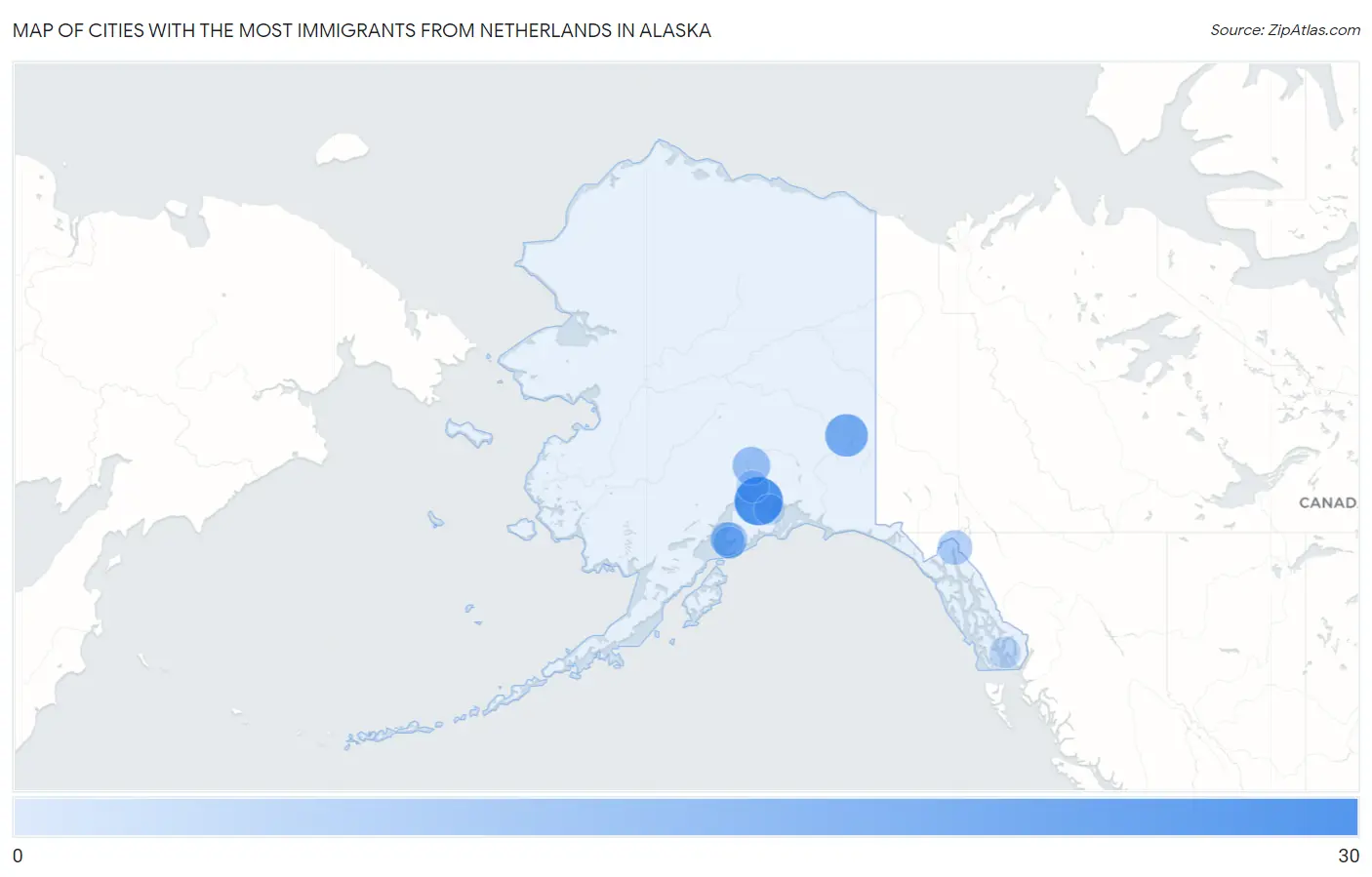 Cities with the Most Immigrants from Netherlands in Alaska Map