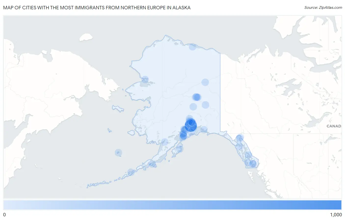 Cities with the Most Immigrants from Northern Europe in Alaska Map