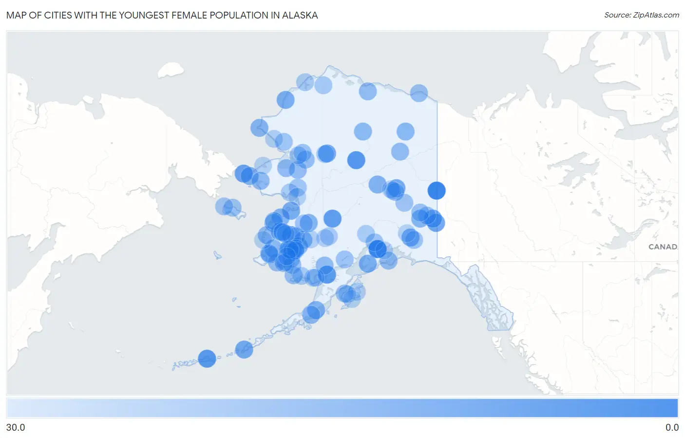 Cities with the Youngest Female Population in Alaska Map