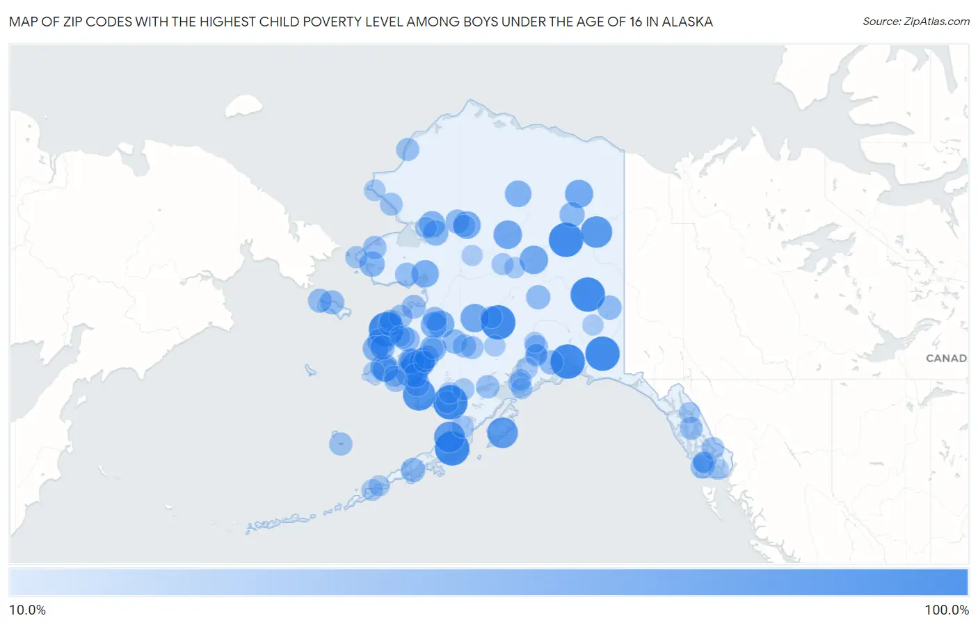 Zip Codes with the Highest Child Poverty Level Among Boys Under the Age of 16 in Alaska Map
