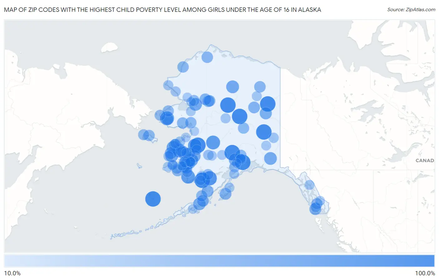Zip Codes with the Highest Child Poverty Level Among Girls Under the Age of 16 in Alaska Map