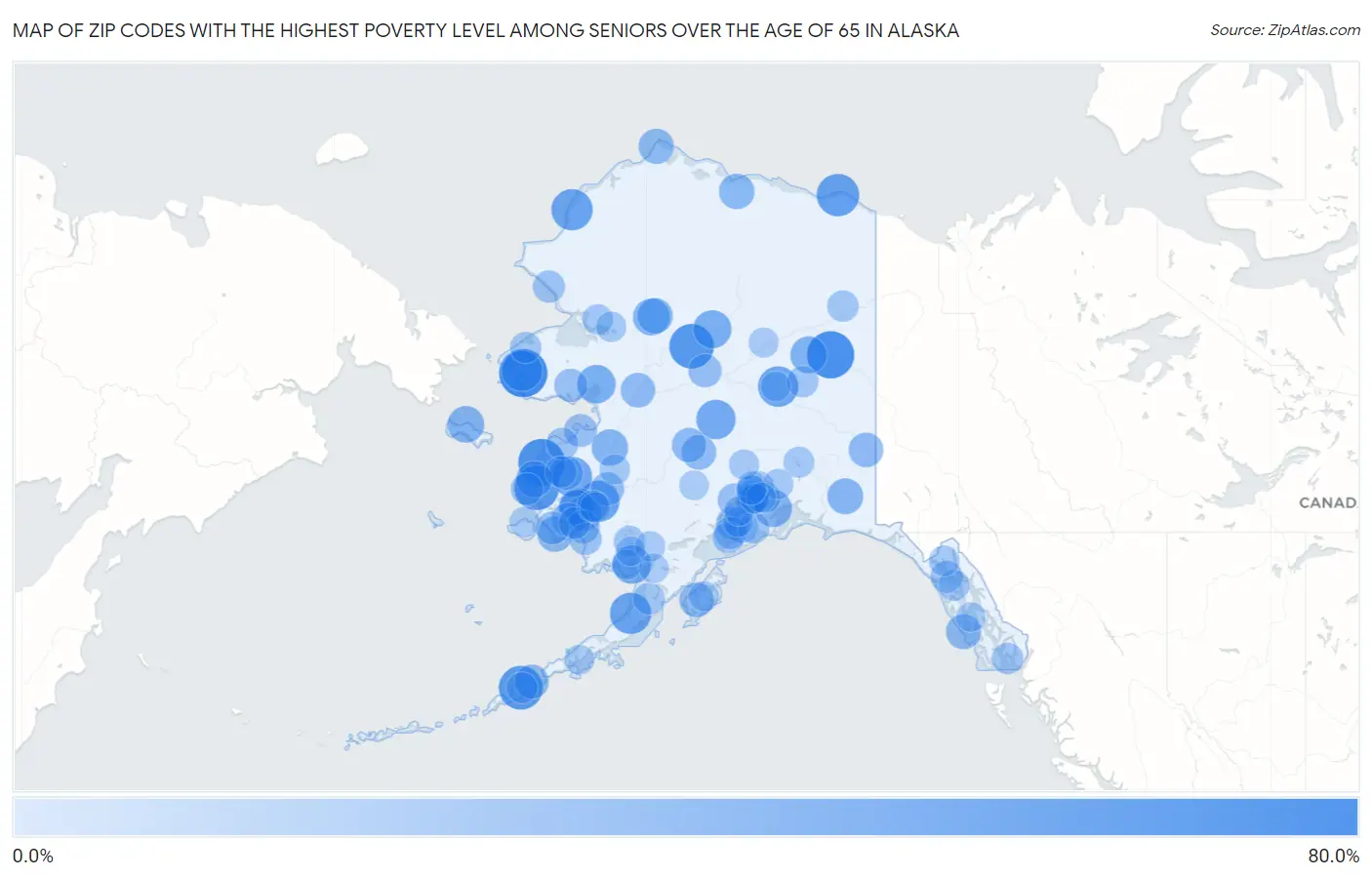 Zip Codes with the Highest Poverty Level Among Seniors Over the Age of 65 in Alaska Map