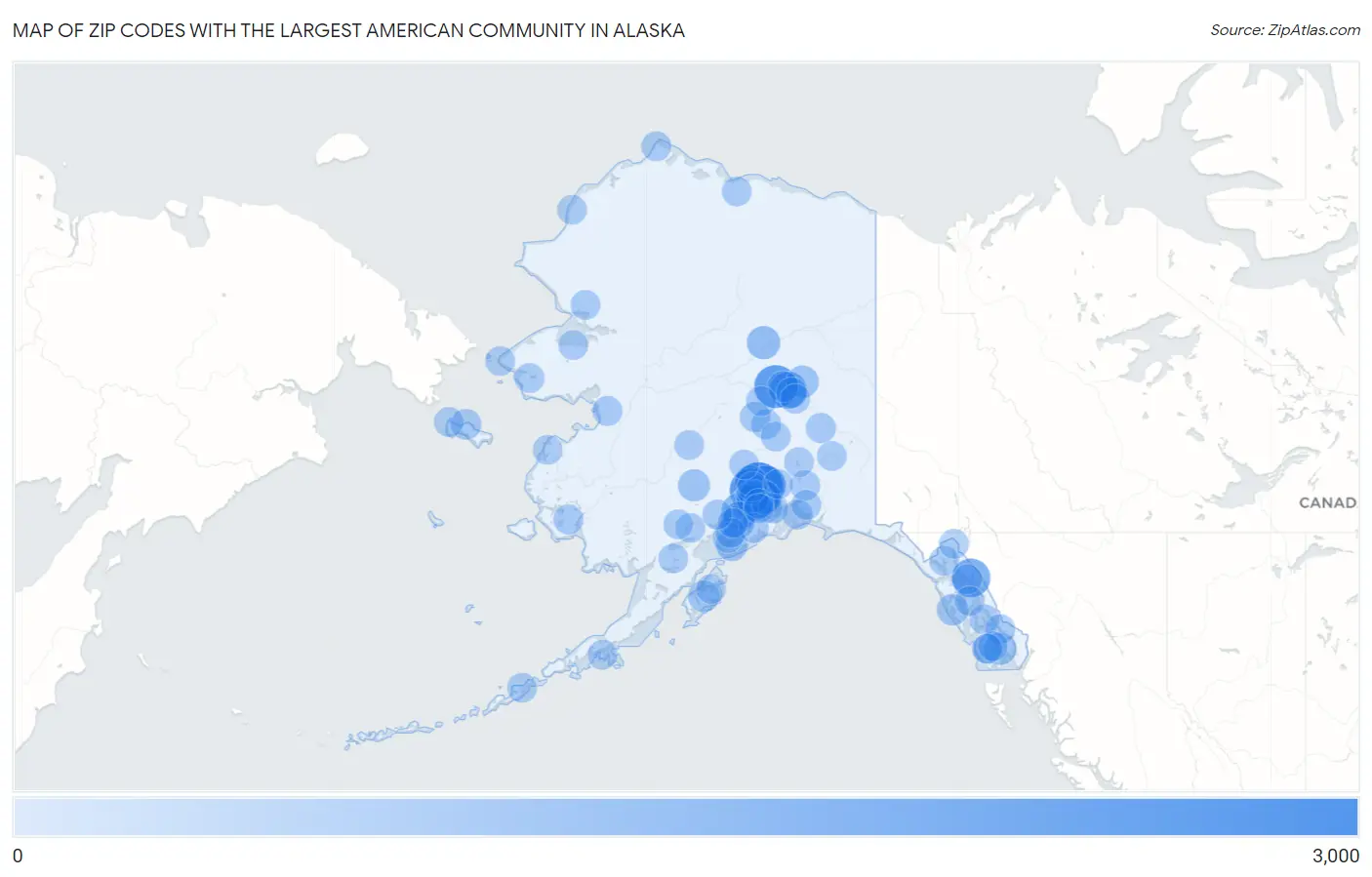 Zip Codes with the Largest American Community in Alaska Map