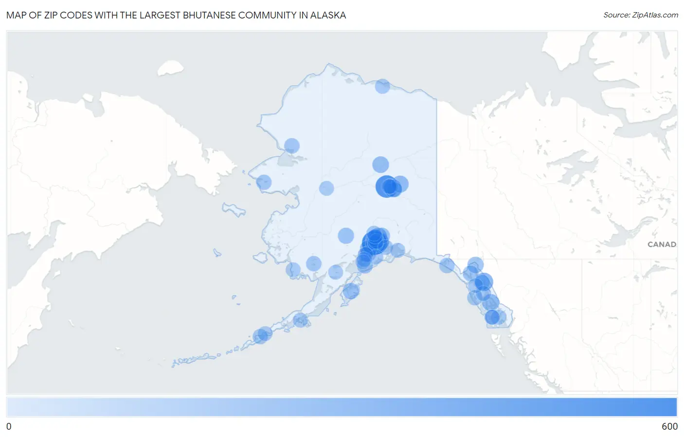Zip Codes with the Largest Bhutanese Community in Alaska Map