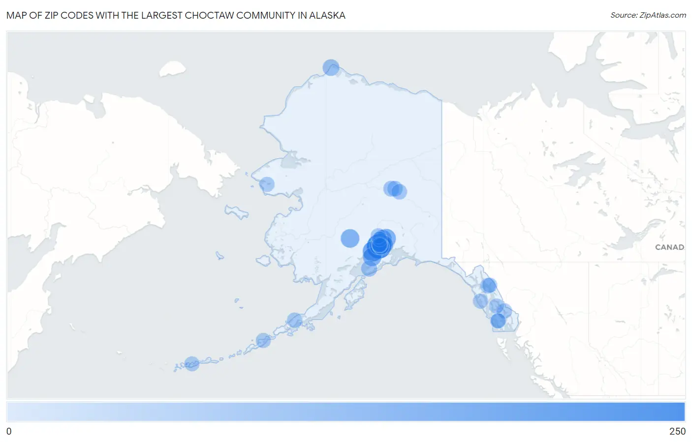 Zip Codes with the Largest Choctaw Community in Alaska Map