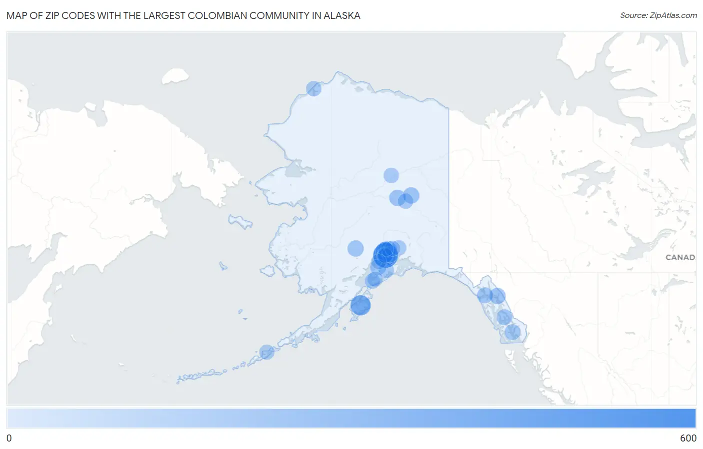 Zip Codes with the Largest Colombian Community in Alaska Map