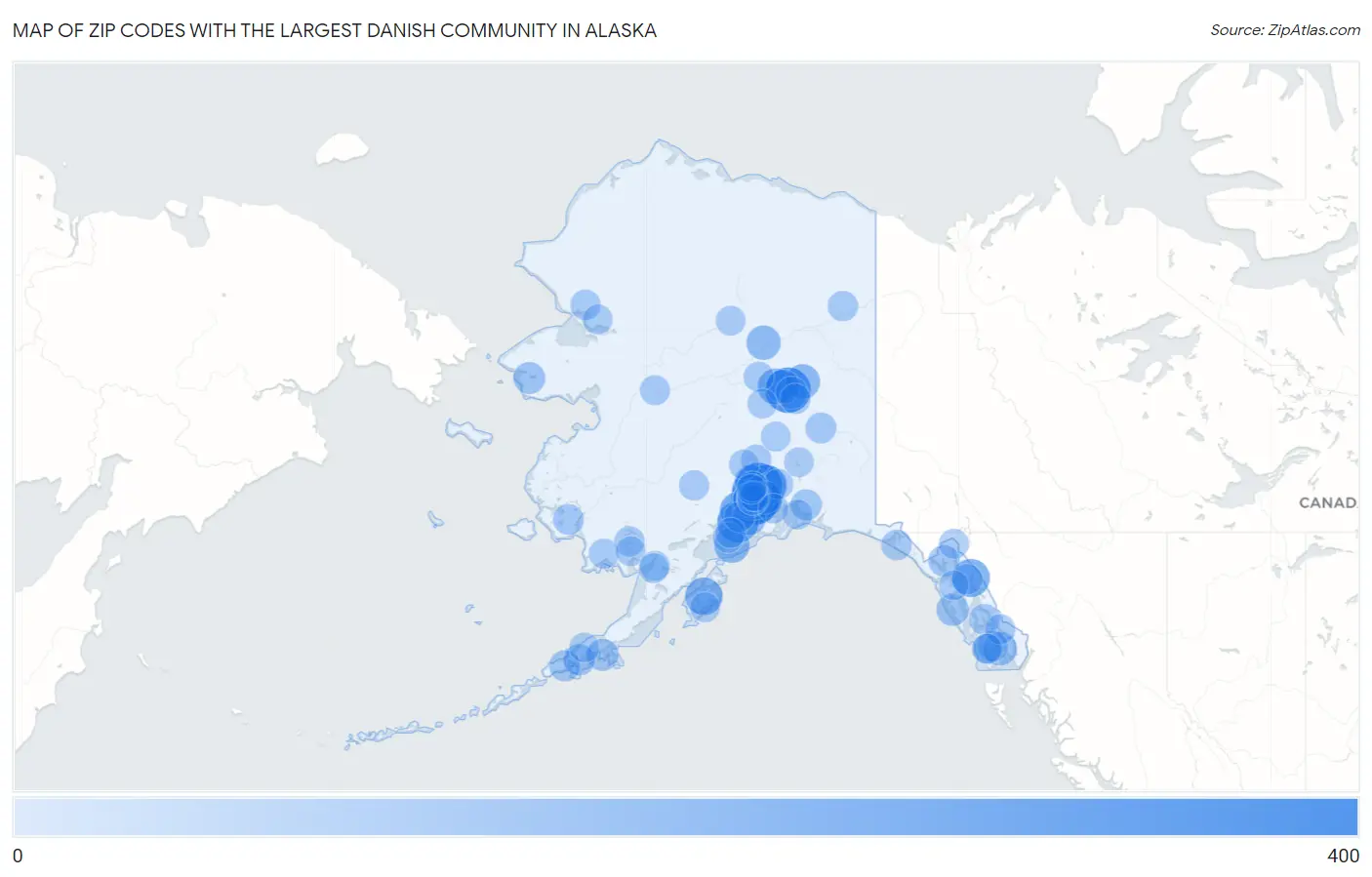 Zip Codes with the Largest Danish Community in Alaska Map