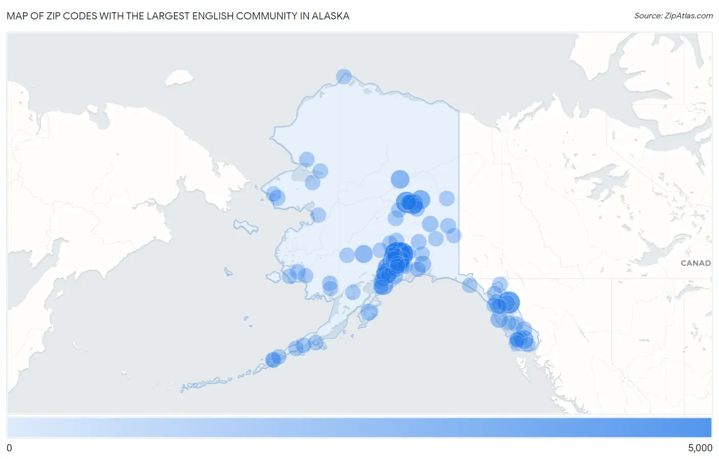 Zip Codes with the Largest English Community in Alaska Map