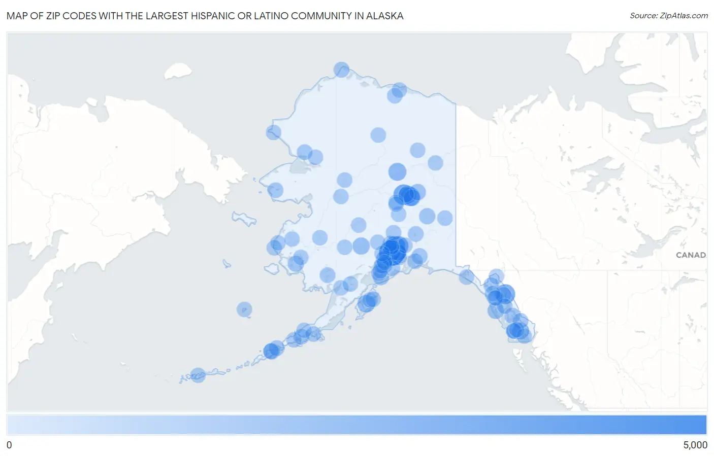 Zip Codes with the Largest Hispanic or Latino Community in Alaska Map