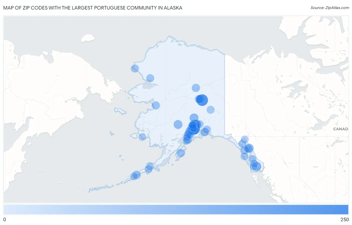 Zip Codes with the Largest Portuguese Community in Alaska Map