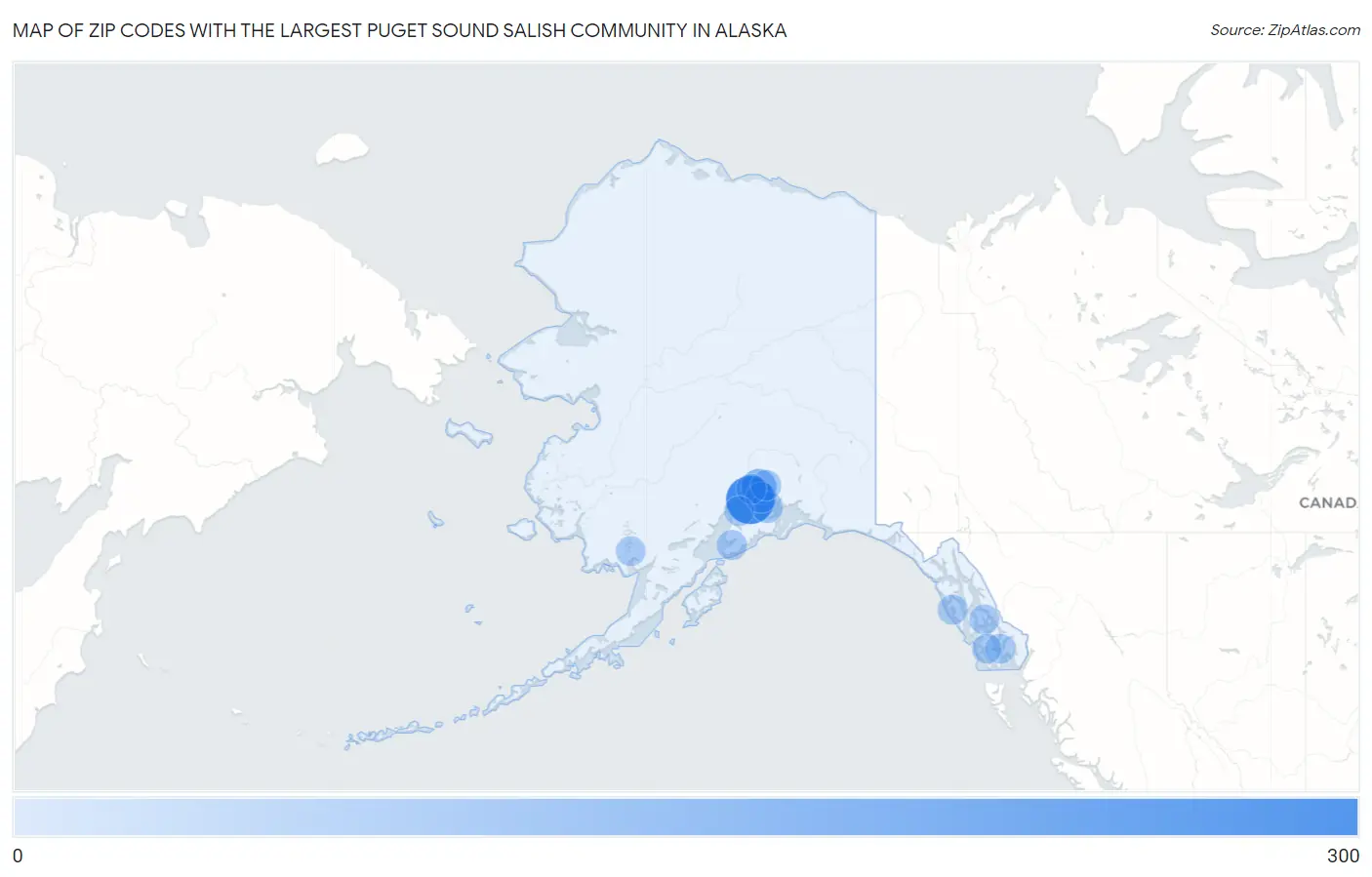 Zip Codes with the Largest Puget Sound Salish Community in Alaska Map