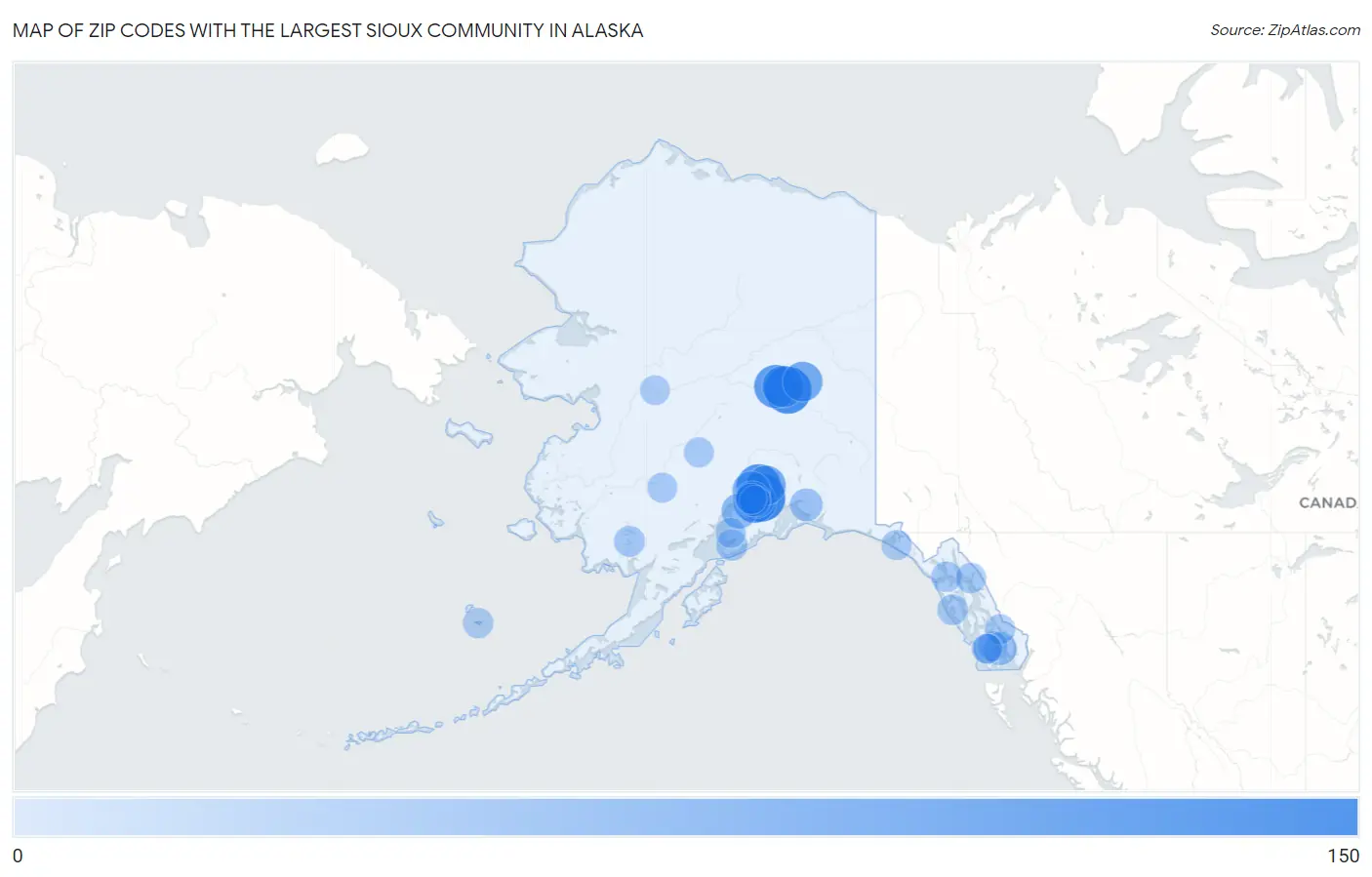 Zip Codes with the Largest Sioux Community in Alaska Map