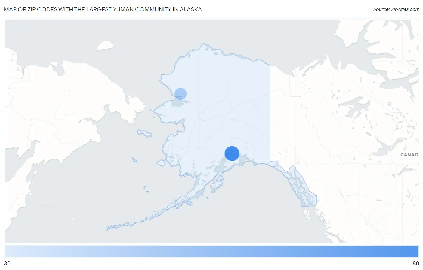 Zip Codes with the Largest Yuman Community in Alaska Map
