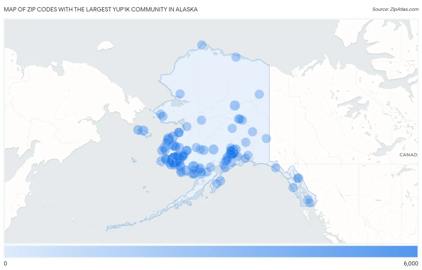 Zip Codes with the Largest Yup'ik Community in Alaska Map