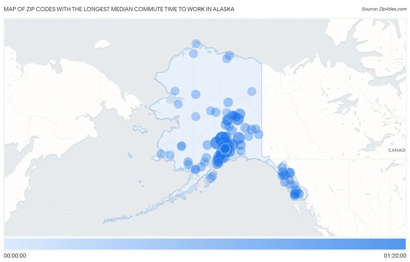 Zip Codes with the Longest Median Commute Time to Work in Alaska Map