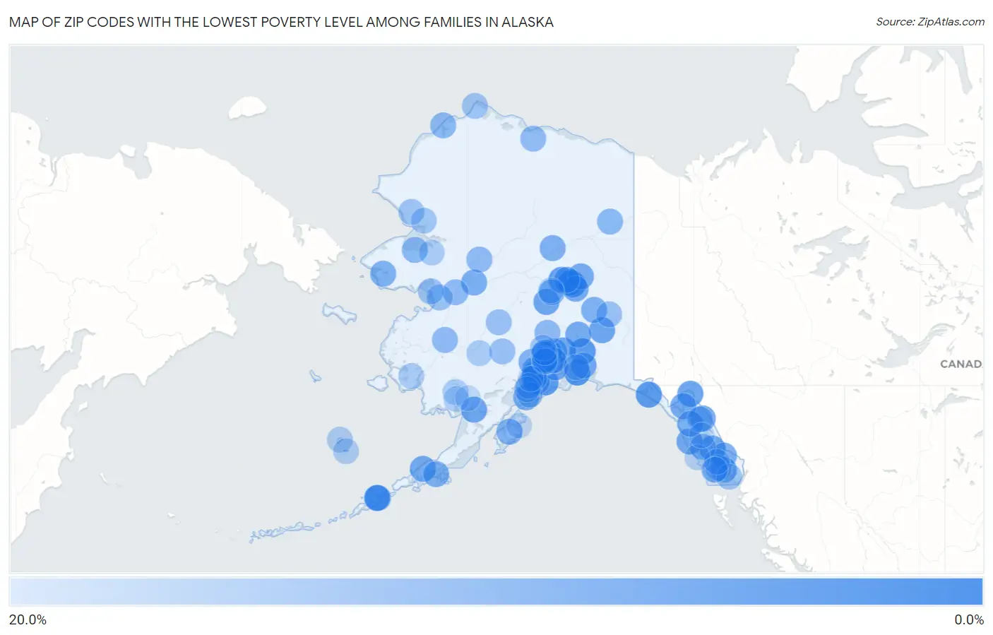 Zip Codes with the Lowest Poverty Level Among Families in Alaska Map