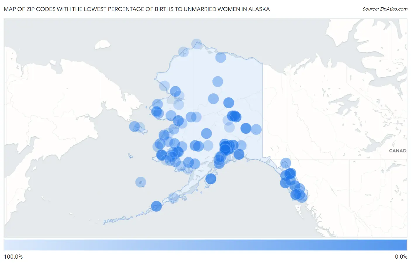 Zip Codes with the Lowest Percentage of Births to Unmarried Women in Alaska Map