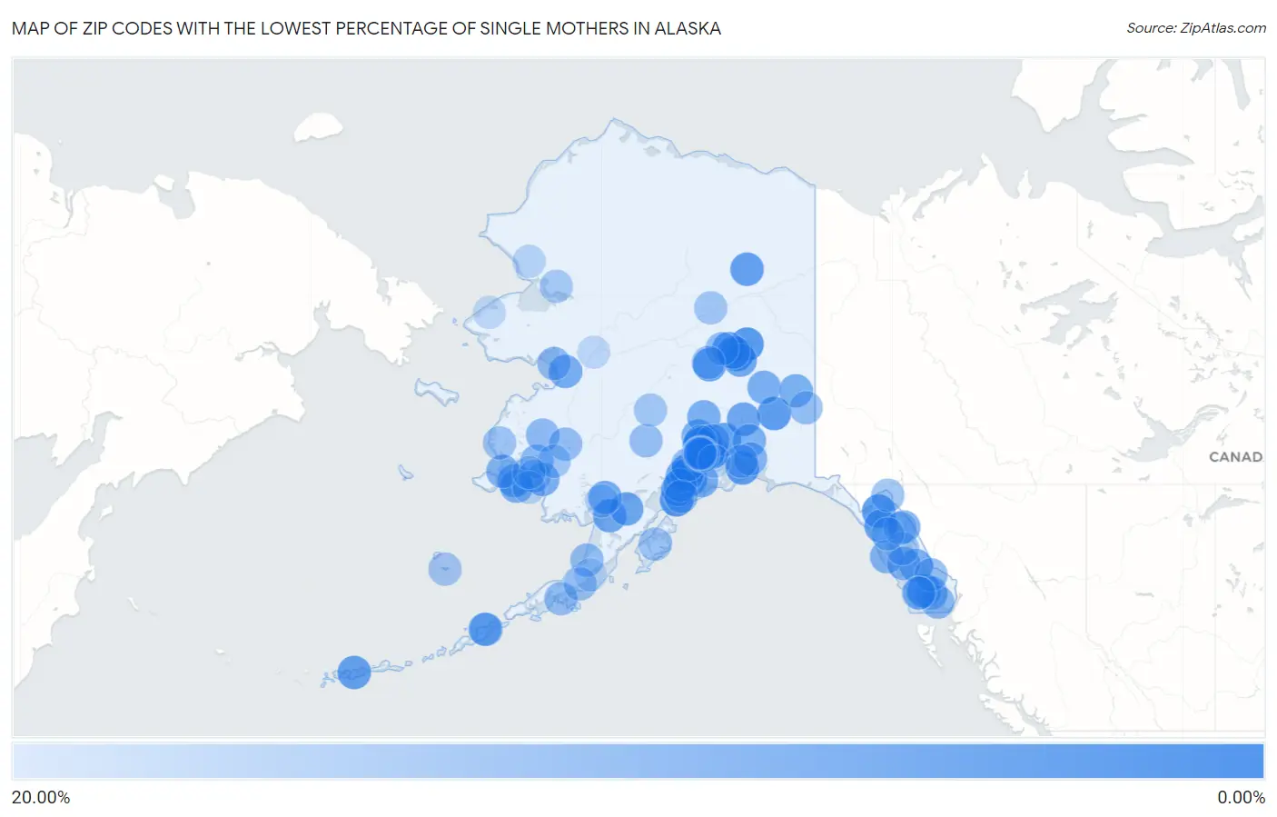 Zip Codes with the Lowest Percentage of Single Mothers in Alaska Map