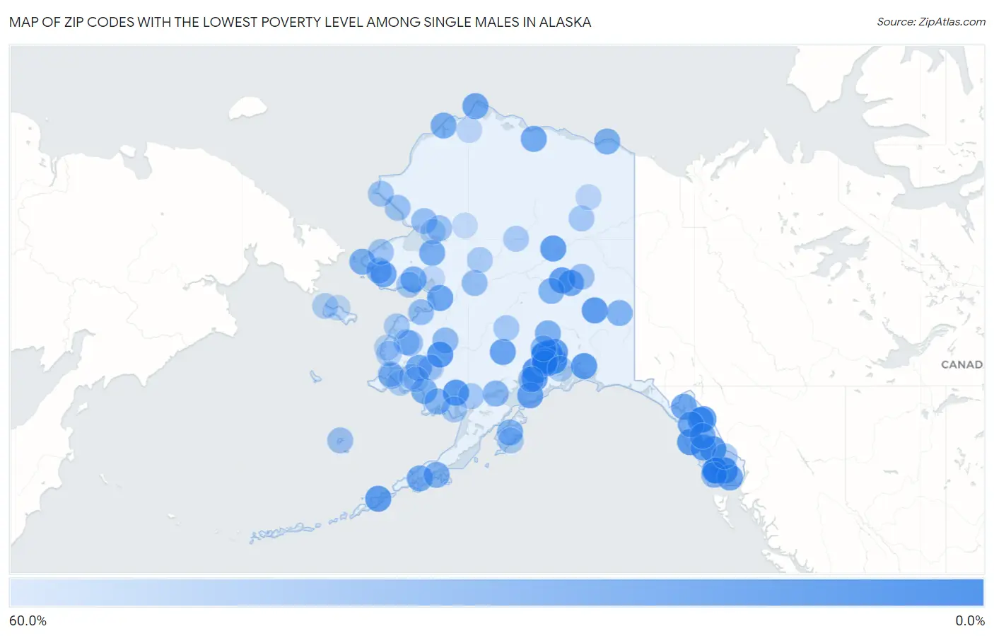 Zip Codes with the Lowest Poverty Level Among Single Males in Alaska Map