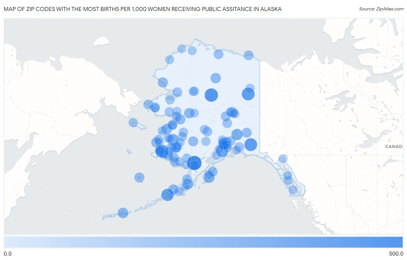 Zip Codes with the Most Births per 1,000 Women Receiving Public Assitance in Alaska Map