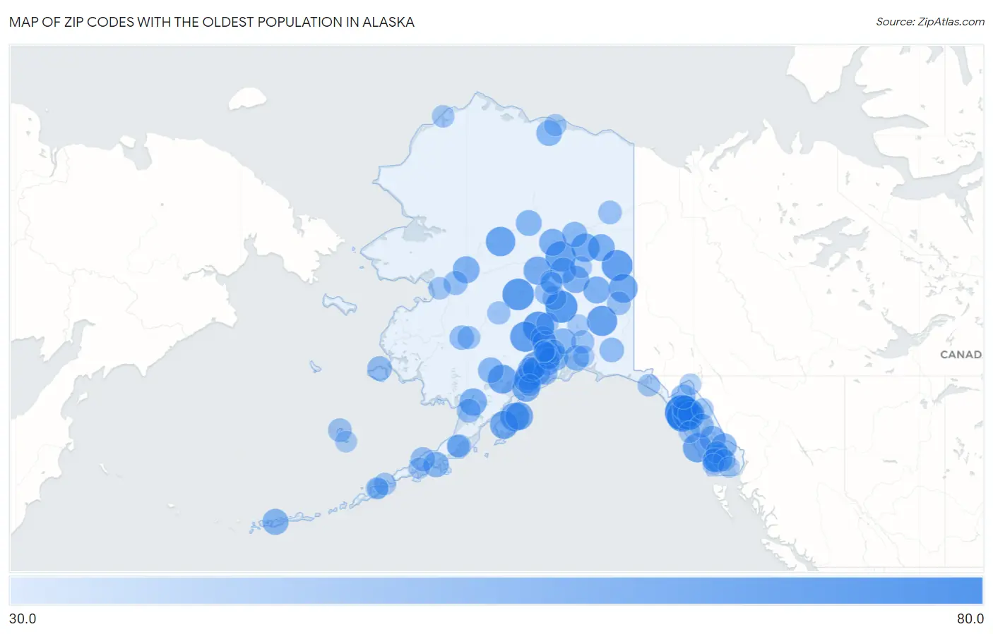Zip Codes with the Oldest Population in Alaska Map