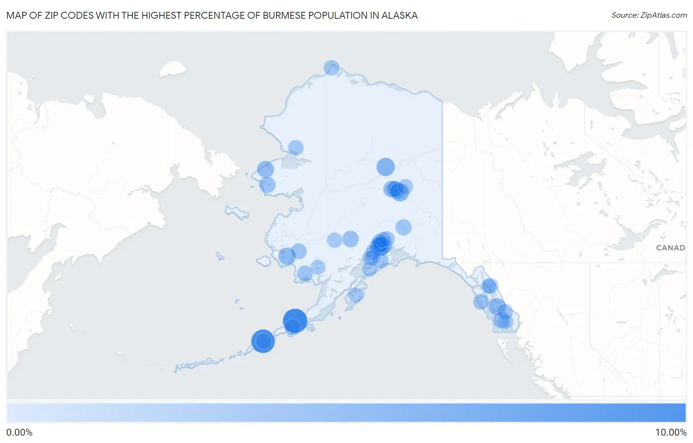 Zip Codes with the Highest Percentage of Burmese Population in Alaska Map