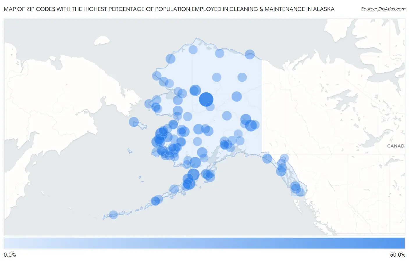 Zip Codes with the Highest Percentage of Population Employed in Cleaning & Maintenance in Alaska Map