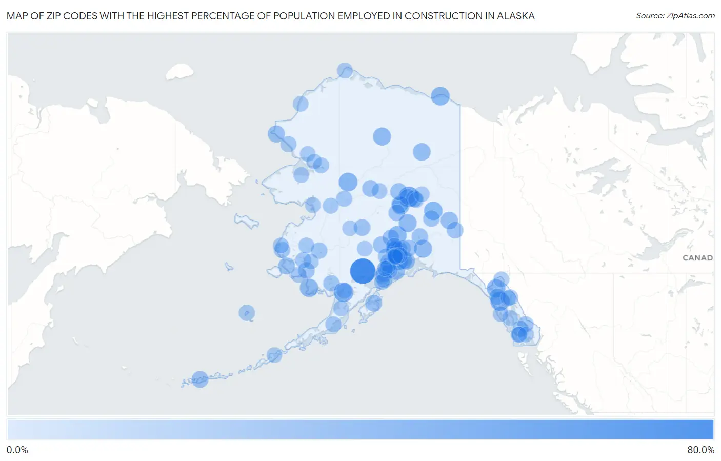 Zip Codes with the Highest Percentage of Population Employed in Construction in Alaska Map