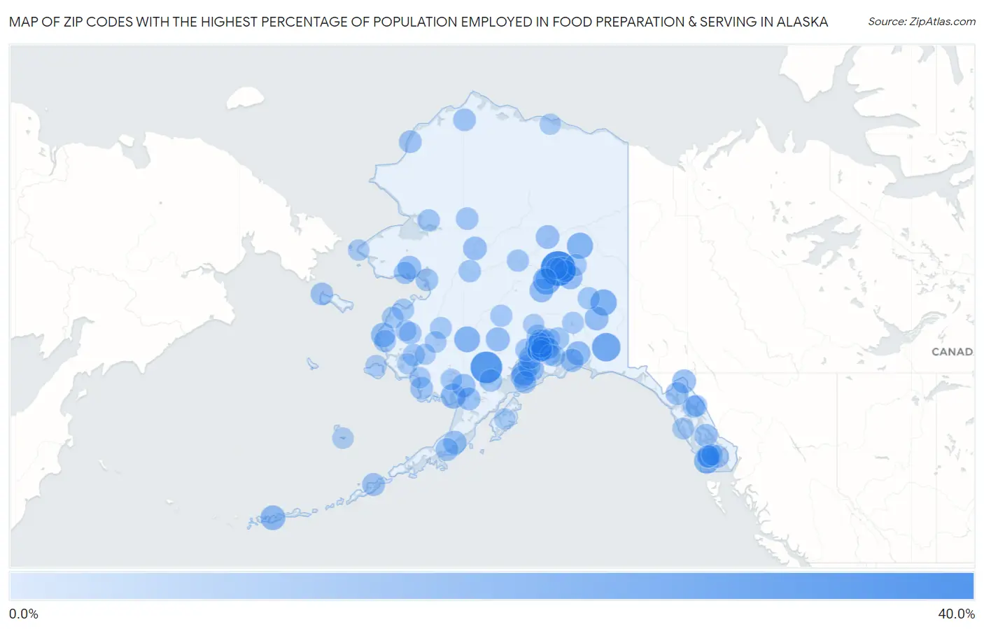 Zip Codes with the Highest Percentage of Population Employed in Food Preparation & Serving in Alaska Map