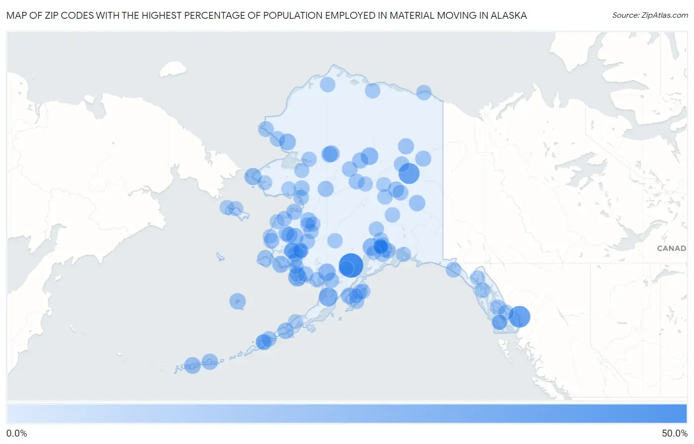 Zip Codes with the Highest Percentage of Population Employed in Material Moving in Alaska Map