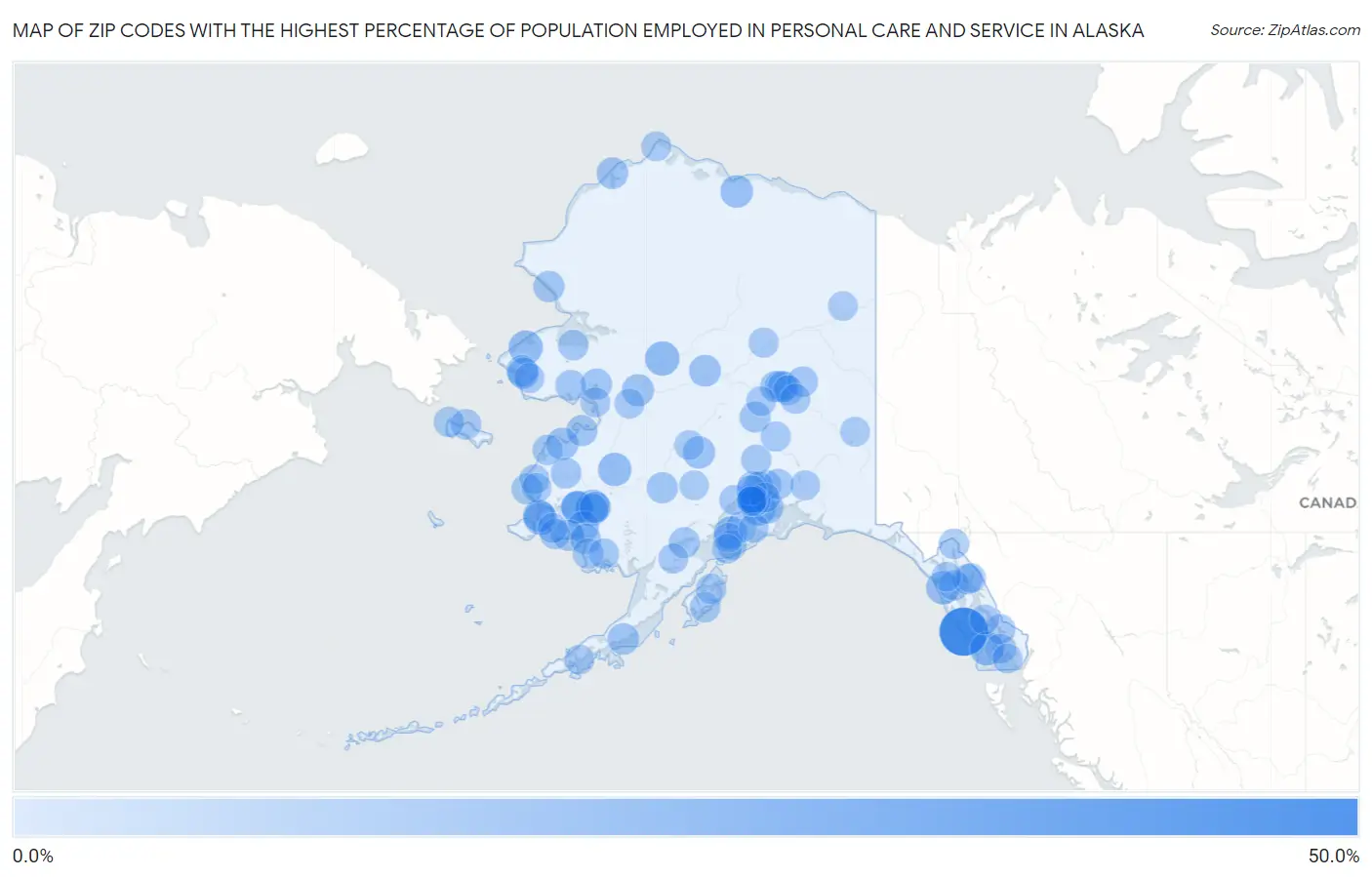 Zip Codes with the Highest Percentage of Population Employed in Personal Care and Service in Alaska Map