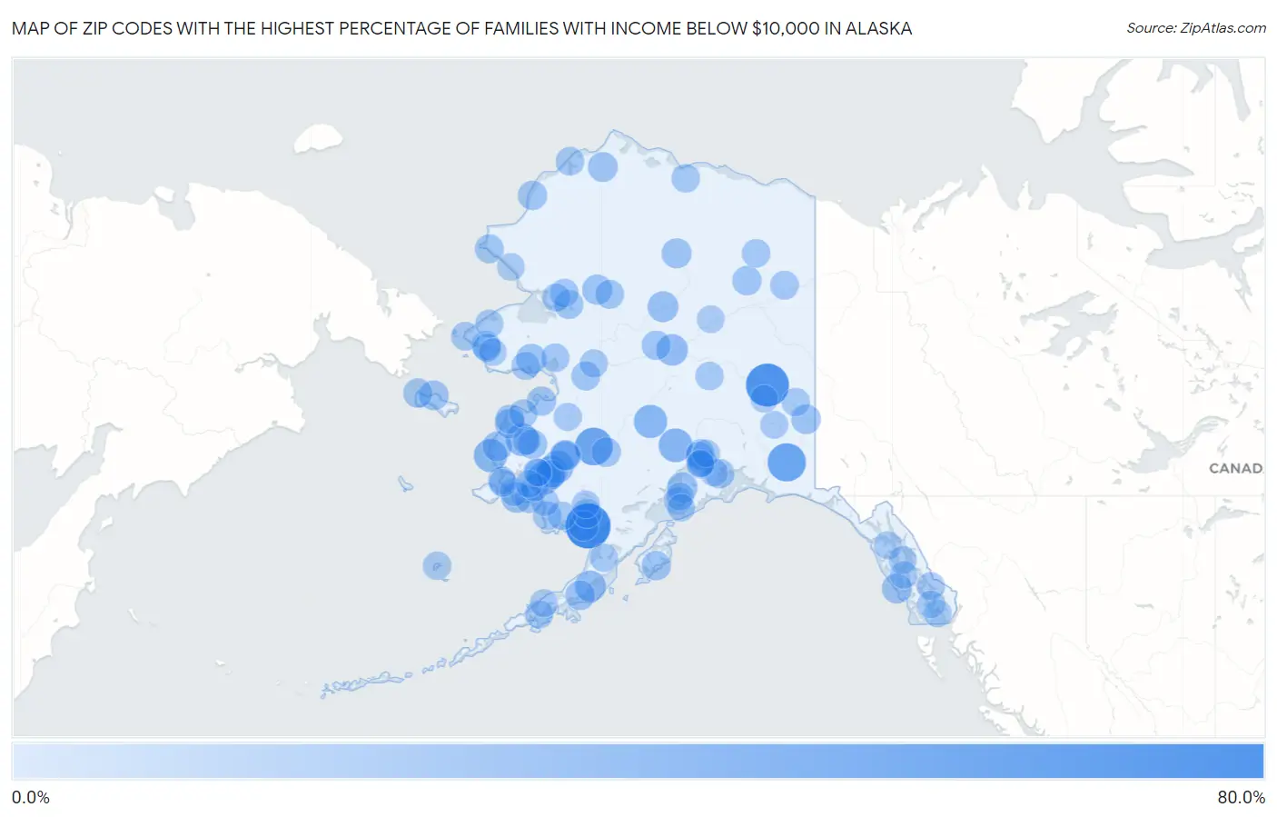 Zip Codes with the Highest Percentage of Families with Income Below $10,000 in Alaska Map