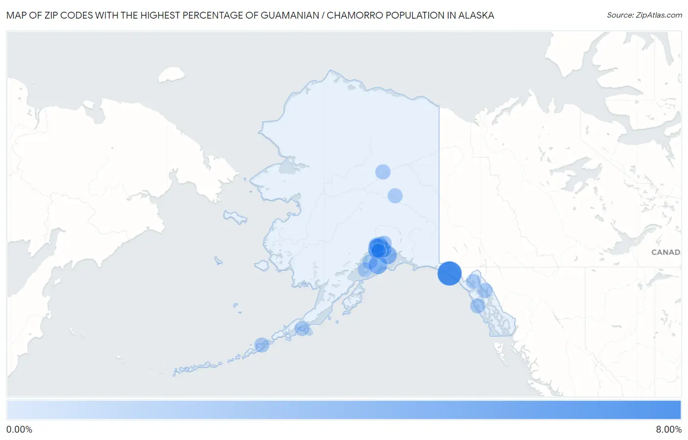 Zip Codes with the Highest Percentage of Guamanian / Chamorro Population in Alaska Map