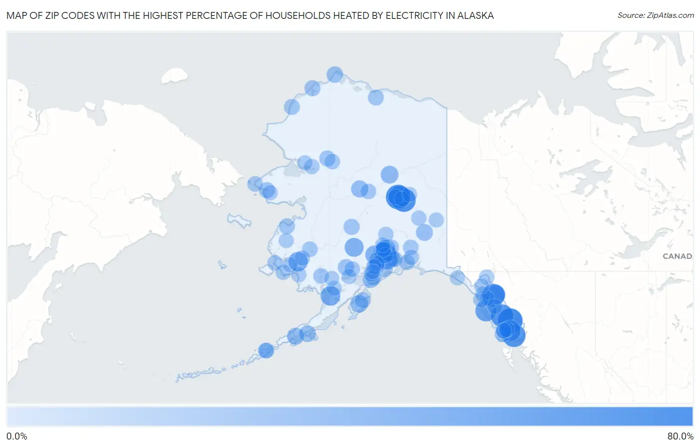 Zip Codes with the Highest Percentage of Households Heated by Electricity in Alaska Map