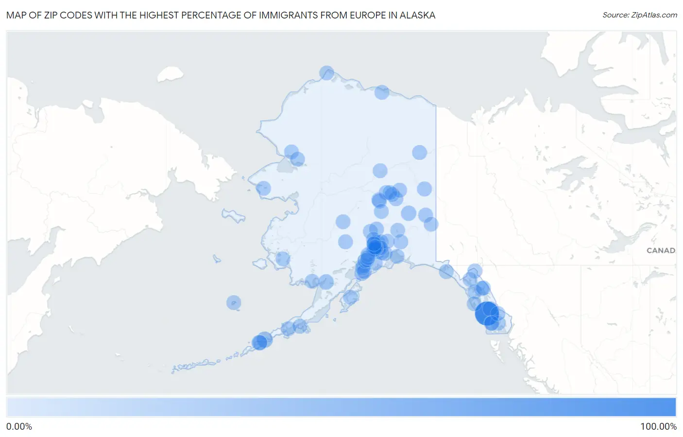 Zip Codes with the Highest Percentage of Immigrants from Europe in Alaska Map