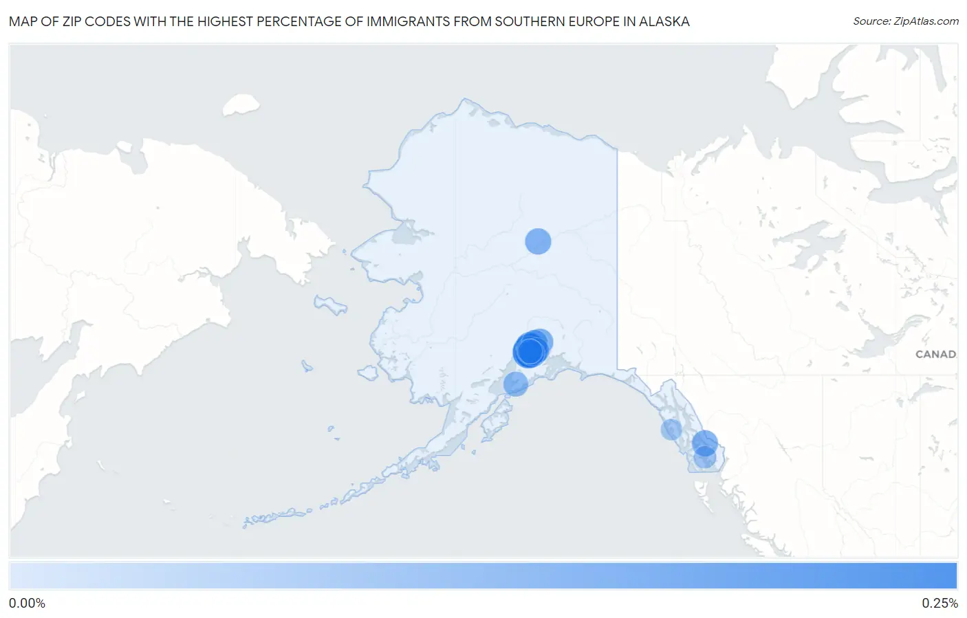 Zip Codes with the Highest Percentage of Immigrants from Southern Europe in Alaska Map