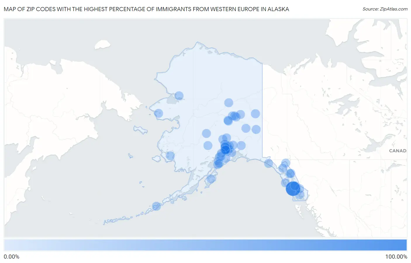 Zip Codes with the Highest Percentage of Immigrants from Western Europe in Alaska Map