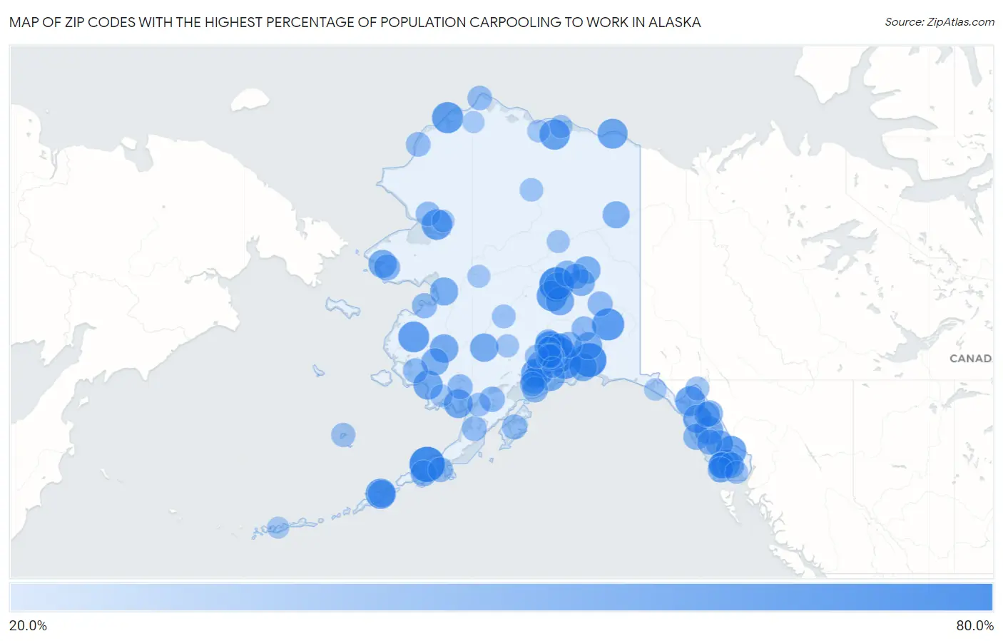 Zip Codes with the Highest Percentage of Population Carpooling to Work in Alaska Map