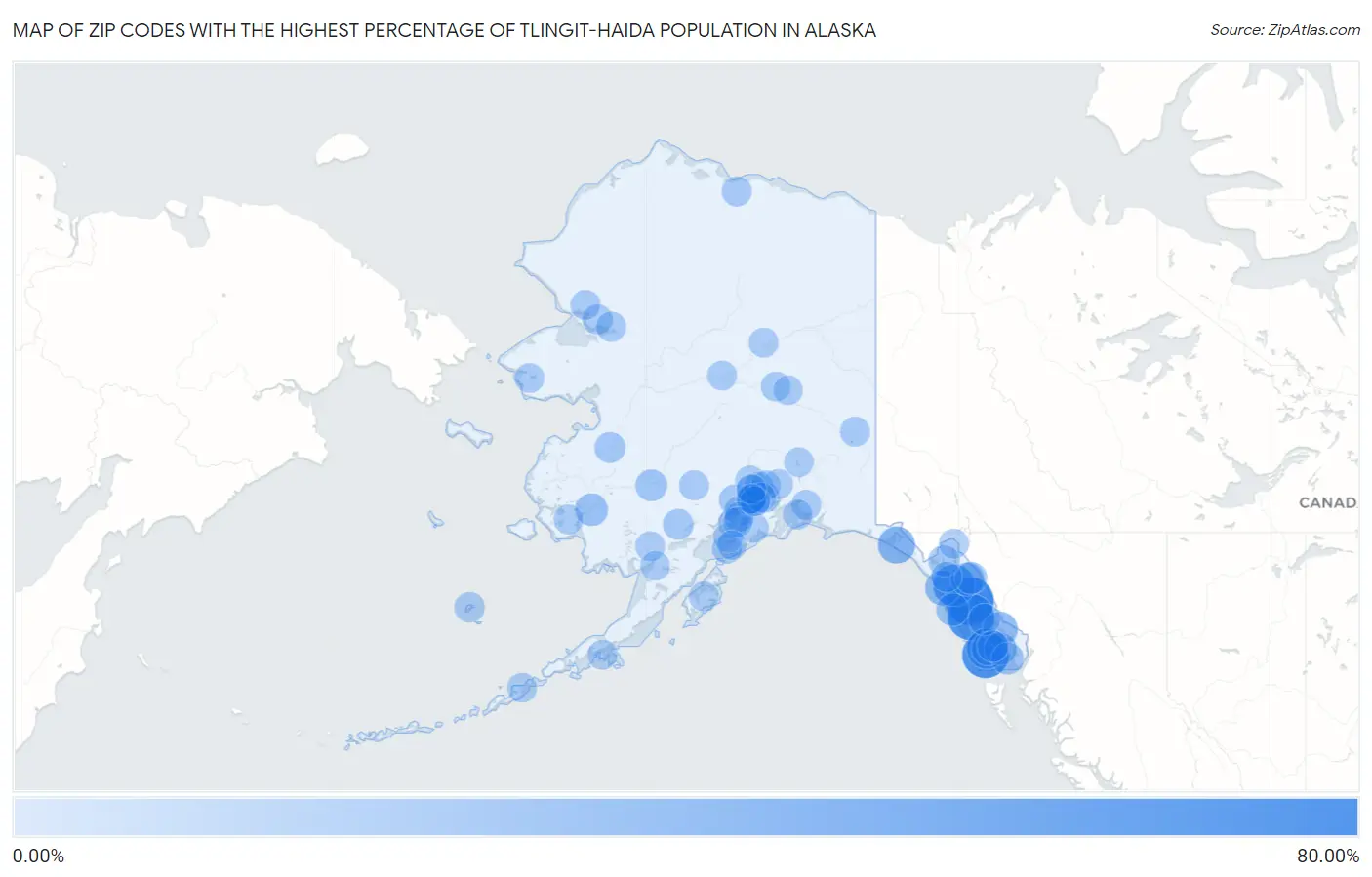 Zip Codes with the Highest Percentage of Tlingit-Haida Population in Alaska Map